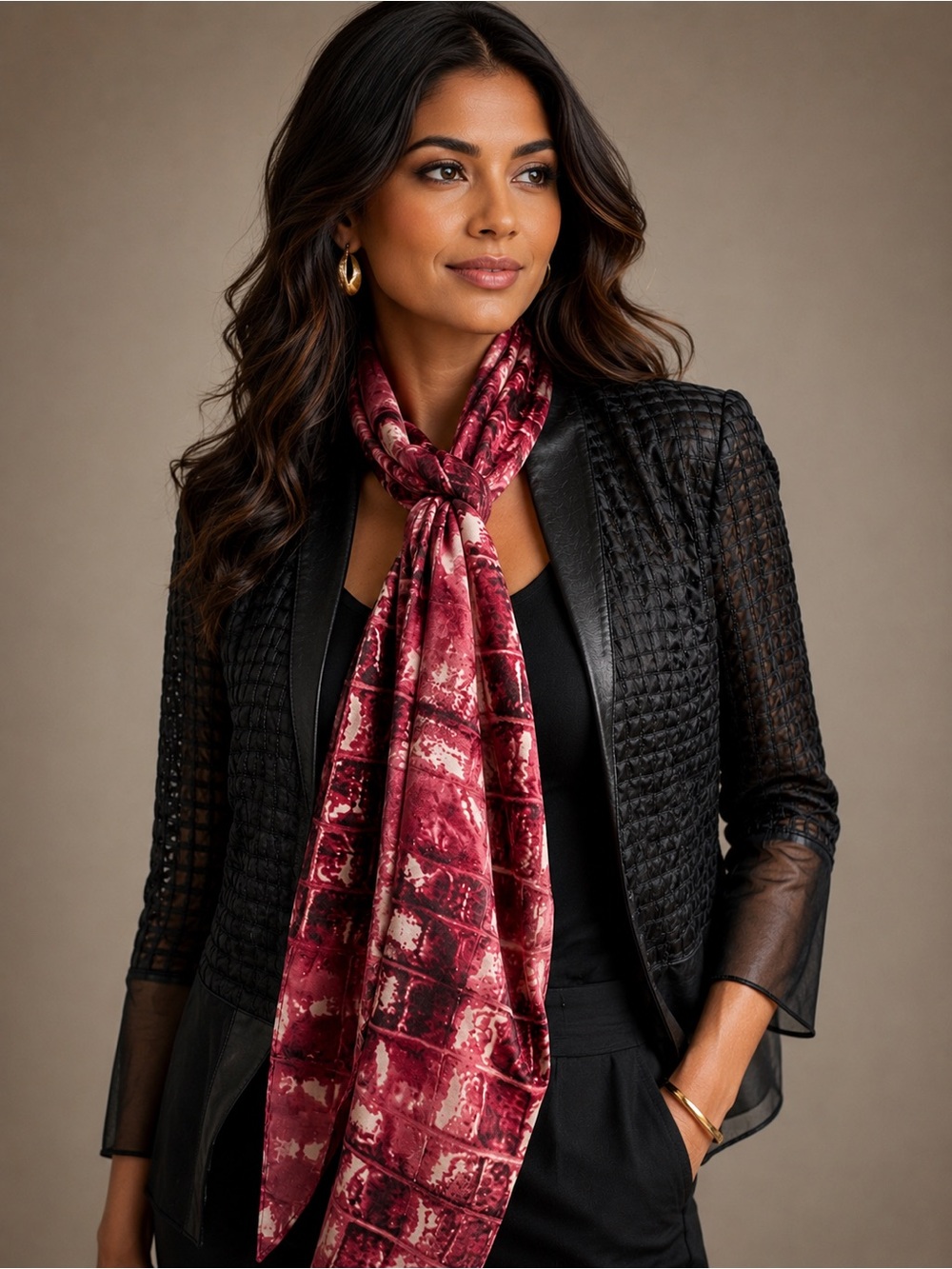 Nordstrom Burgundy Croc Print Long Scarf Wrap 19”x66” Statement Accessory